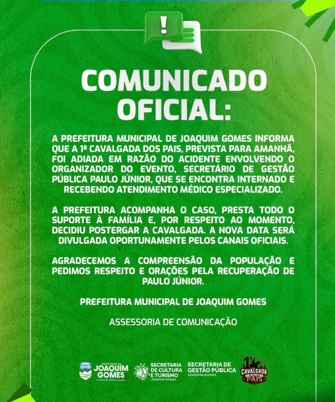 Prefeitura de Joaquim Gomes adia 1ª Cavalgada do Dia dos Pais